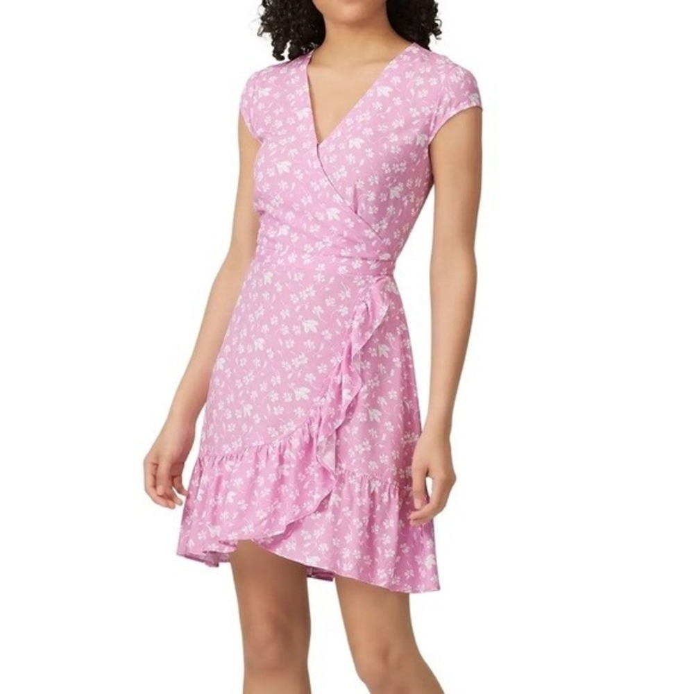 J.Crew Wrap Dress Women 8 Lilac Pink Floral Ruffle Cap‎ Sleeve V-Neck Viscose